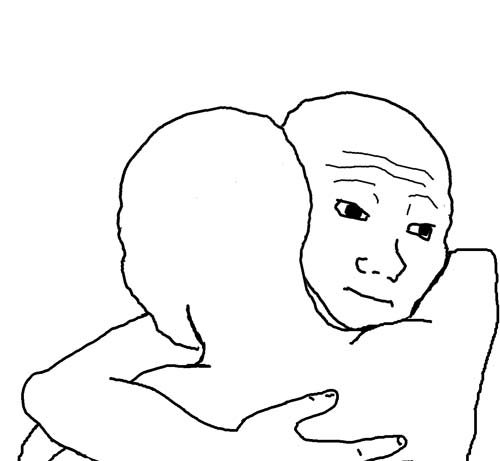 Two cartoon figures hugging, one with a knowing, sympathetic look