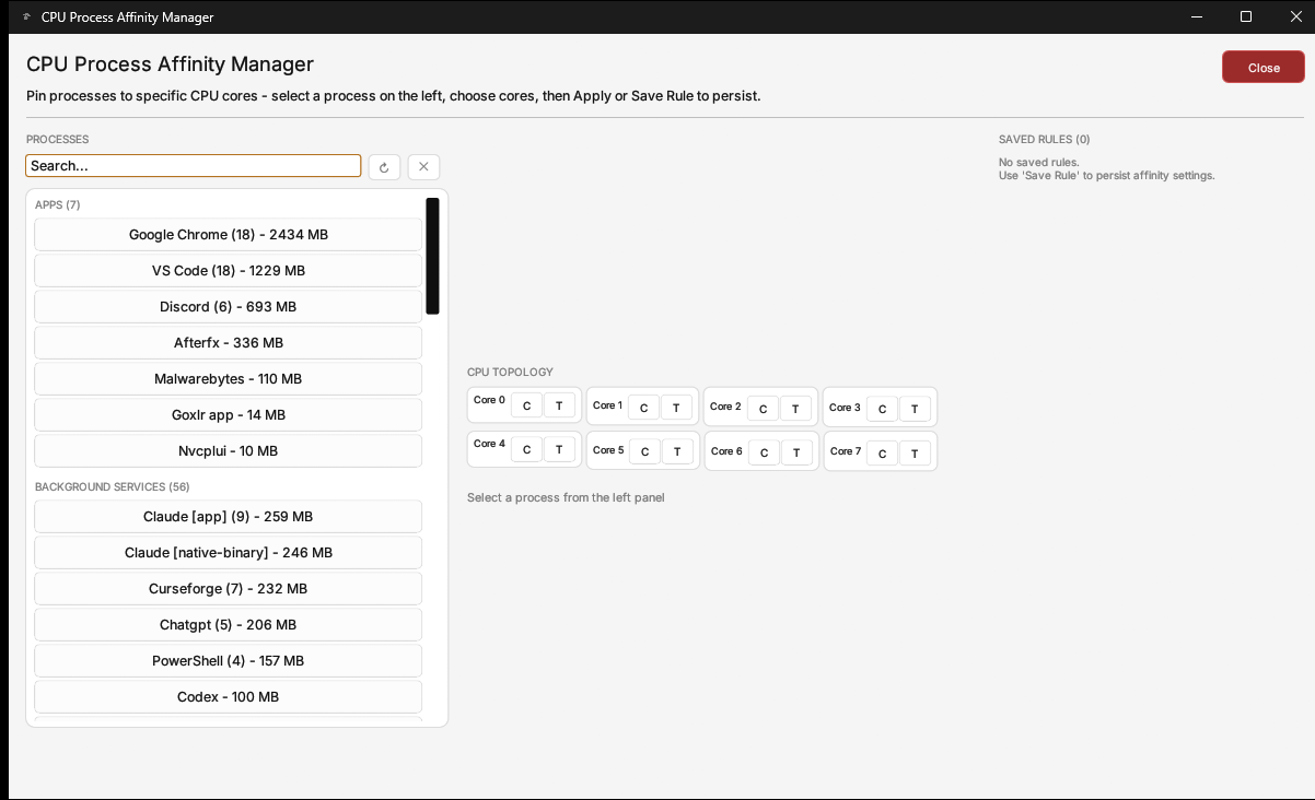 TinyBoost CPU Process Affinity Manager with core topology